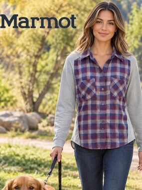 Marmot Lani Purple and Blue Plaid Button-Down Shirt with Light Gray Knit Back